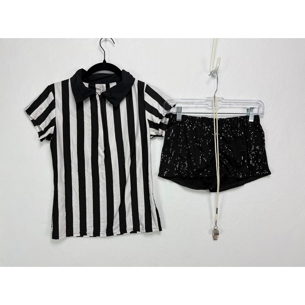 In Your Face Referee Costume Set M Black White Striped Sequins Whistle Halloween